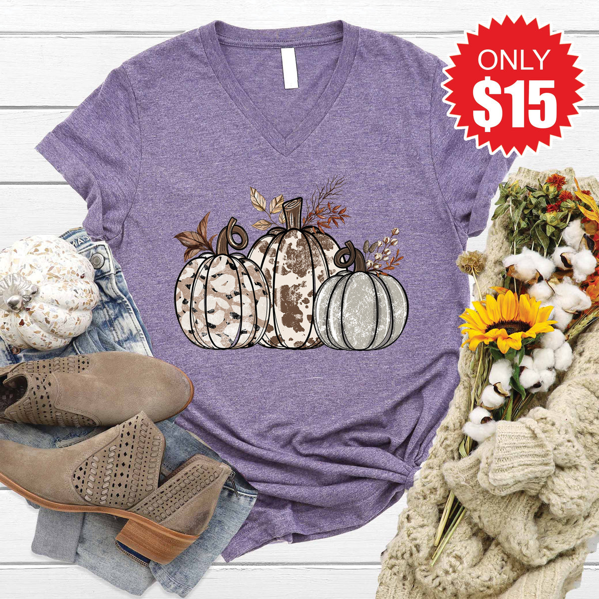 Pumpkin Trio V-Neck - Heather Deep Purple - 15