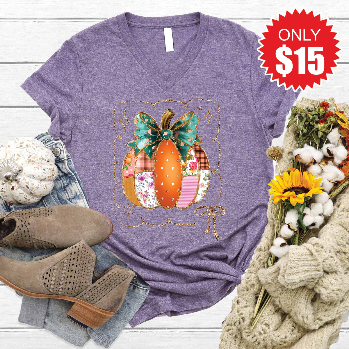 Patchwork Pumpkin V-Neck - Heather Deep Purple - 15