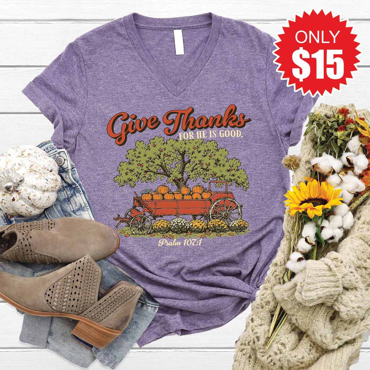 Give Thanks V-Neck - Heather Deep Purple - 15