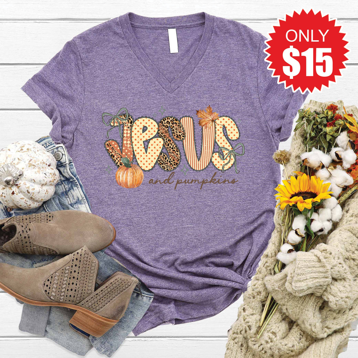 Jesus And Pumpkins V-Neck - Heather Deep Purple - 15