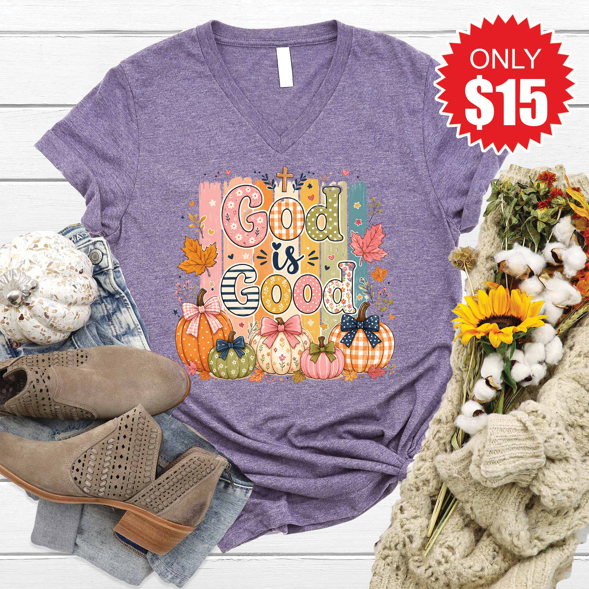 God Is Good V-Neck - Heather Deep Purple - 15