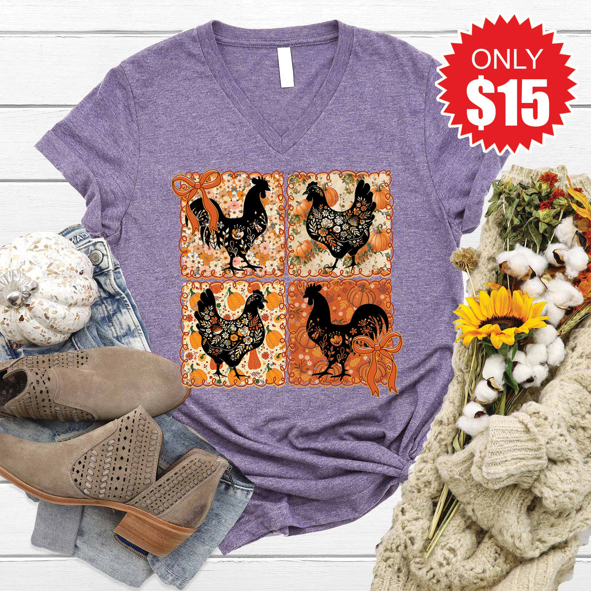 Chicken Patchwork V-Neck - Heather Deep Purple - 15