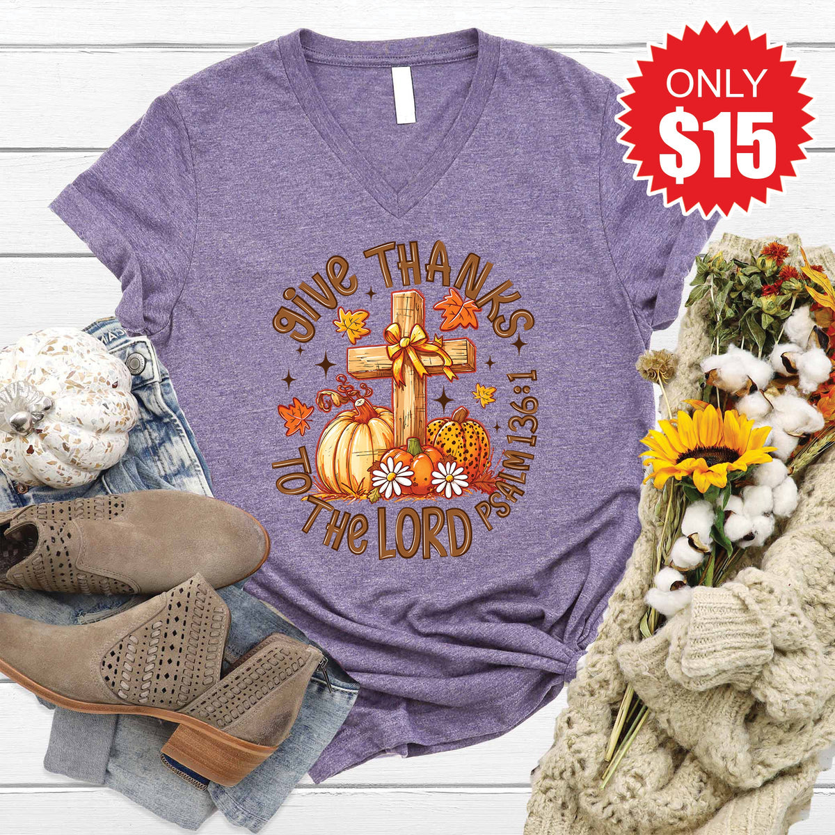 Give Thanks V-Neck - Heather Deep Purple - 15
