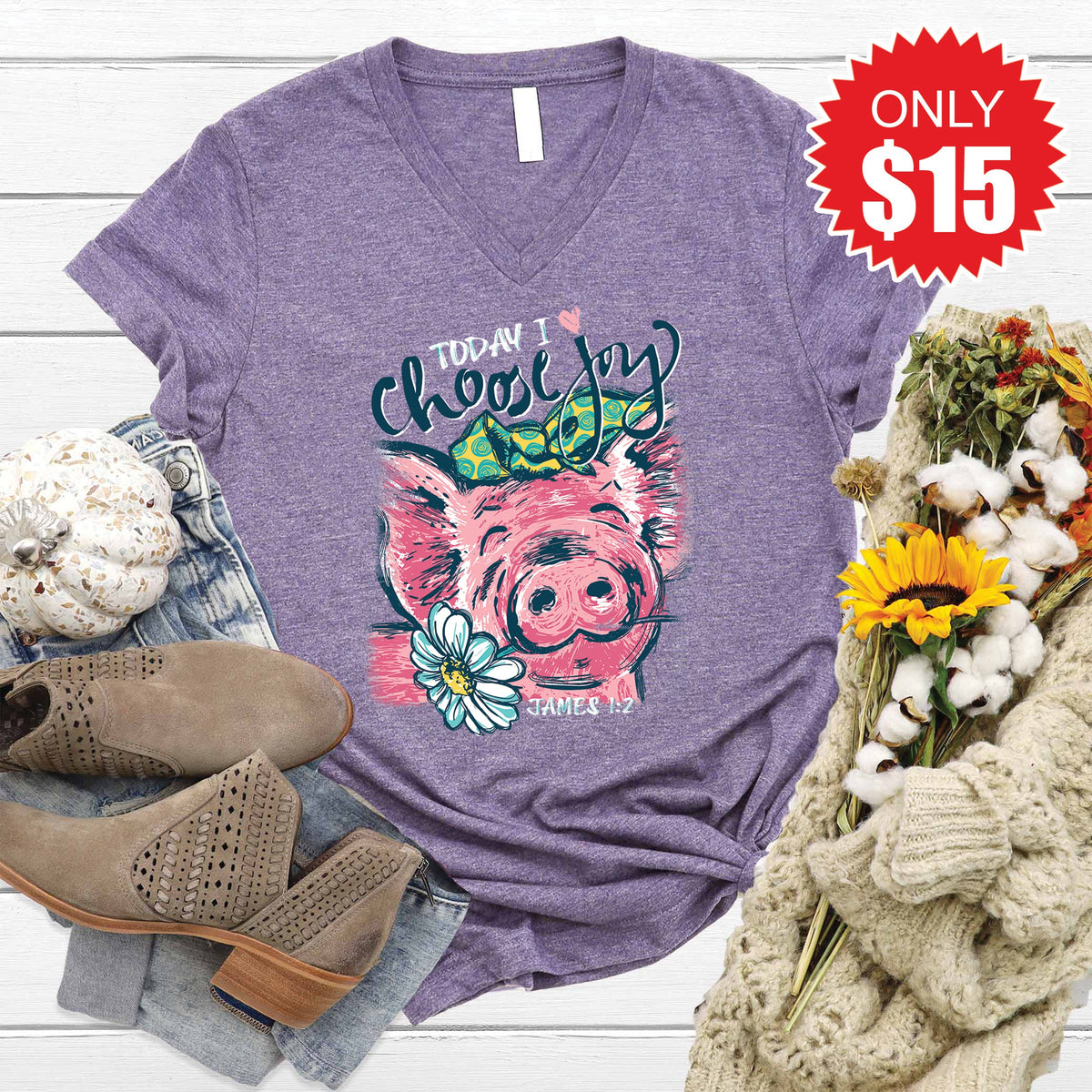 I Choose Joy V-Neck - Heather Deep Purple - 15