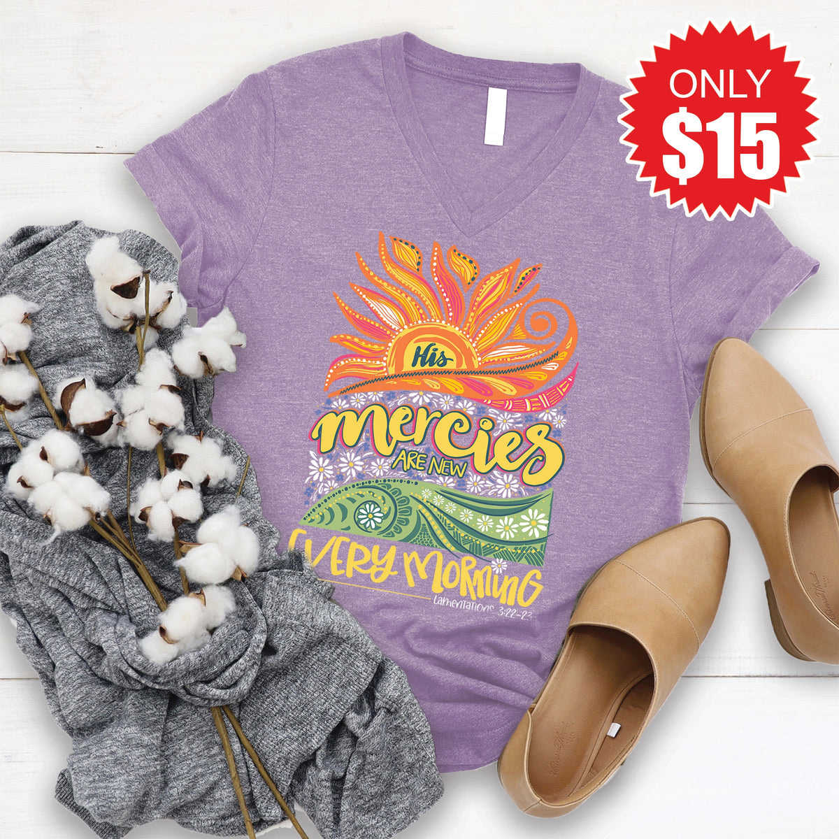 His Mercies Are New V-Neck - Heather Deep Purple - 15