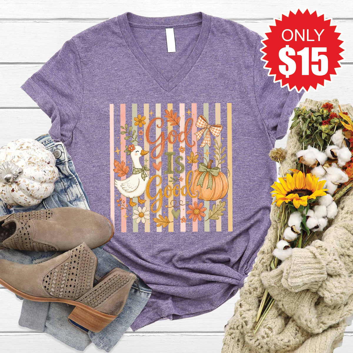 God Is Good V-Neck - Heather Deep Purple - 15