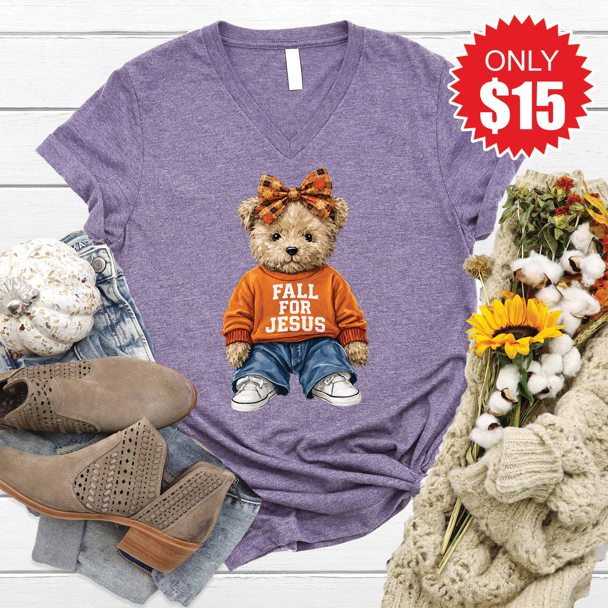 Fall For Jesus Teddy Bear V-Neck - Heather Deep Purple - 15