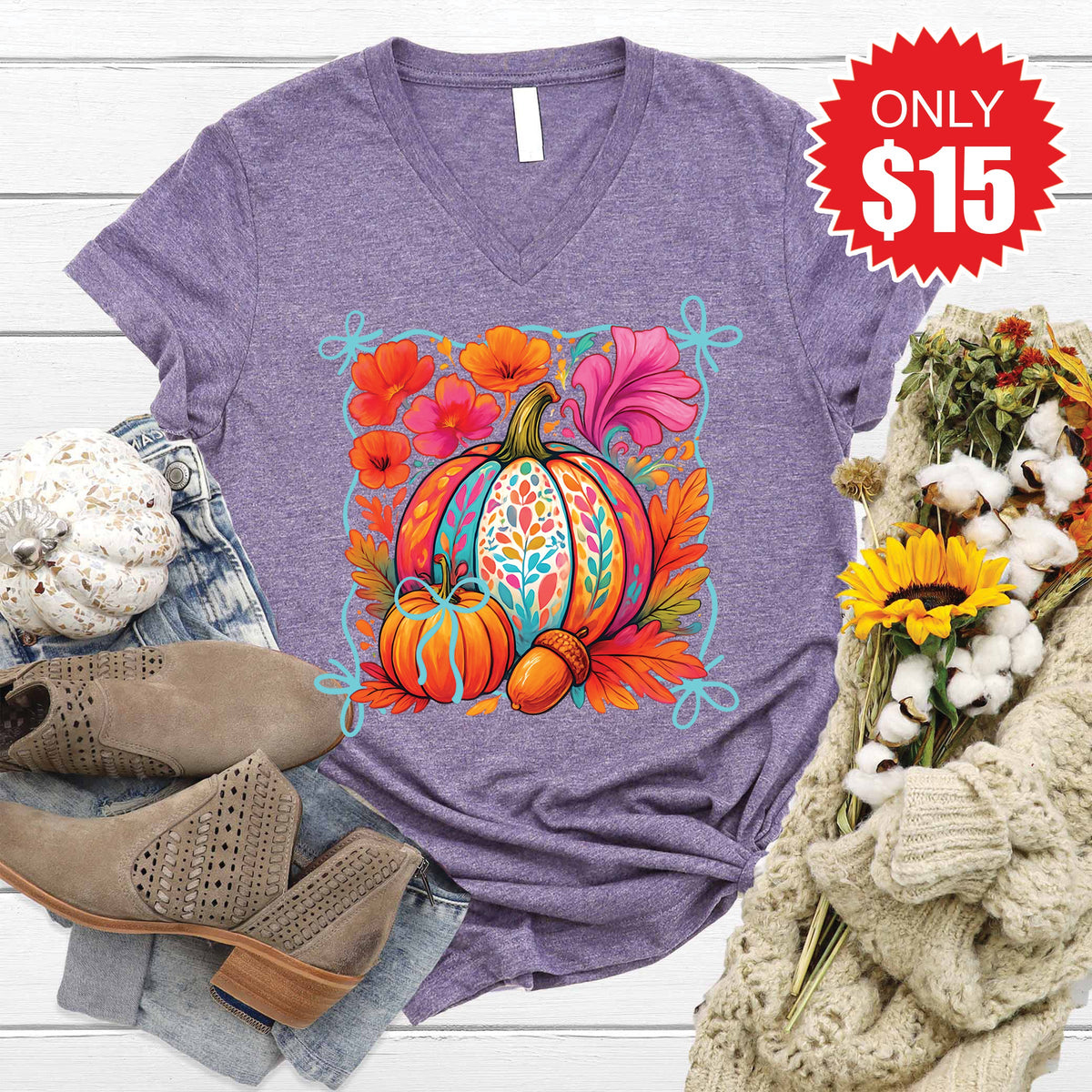 Pumpkins V-Neck - Heather Deep Purple - 15