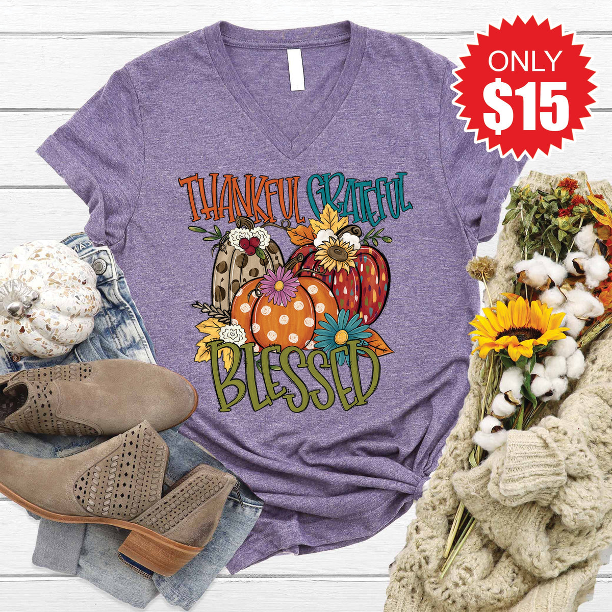 Thankful Grateful Blessed Fall V-Neck - Heather Deep Purple - 15