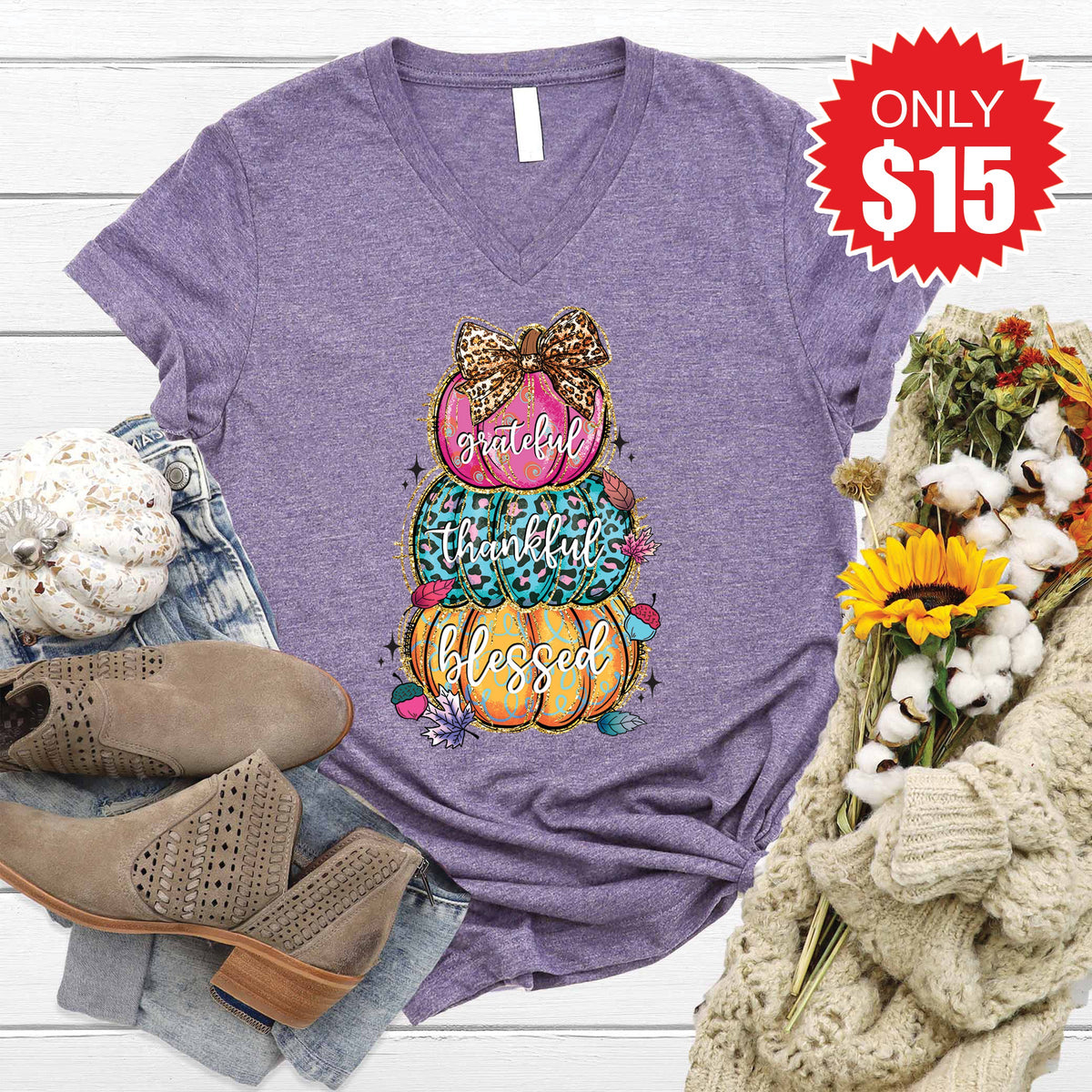 Grateful Thankful Blessed V-Neck - Heather Deep Purple - 15