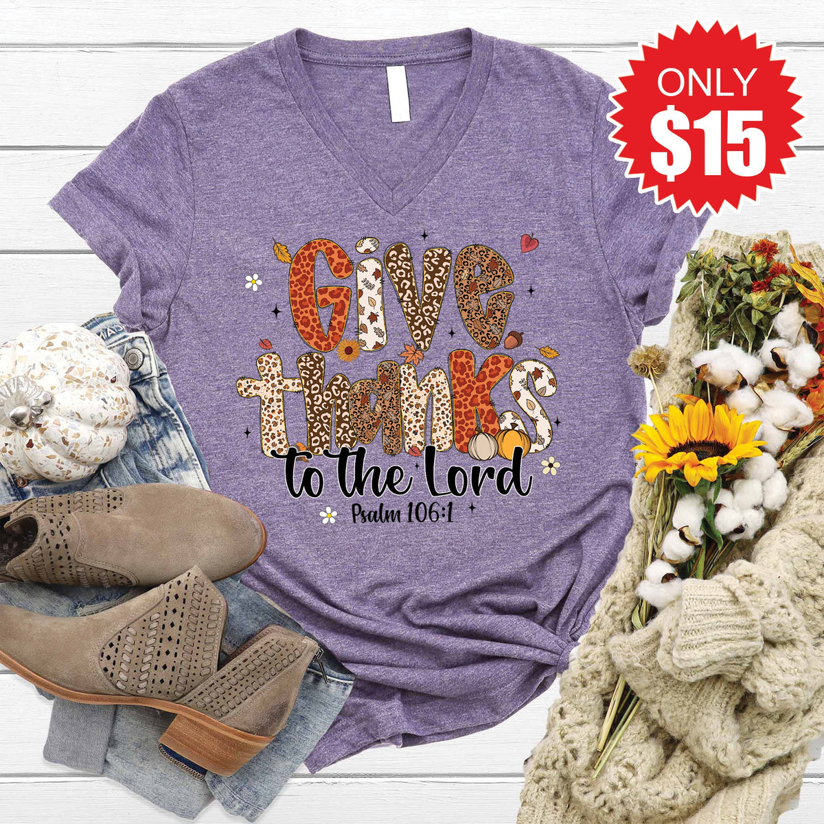 Give Thanks V-Neck - Heather Deep Purple - 15