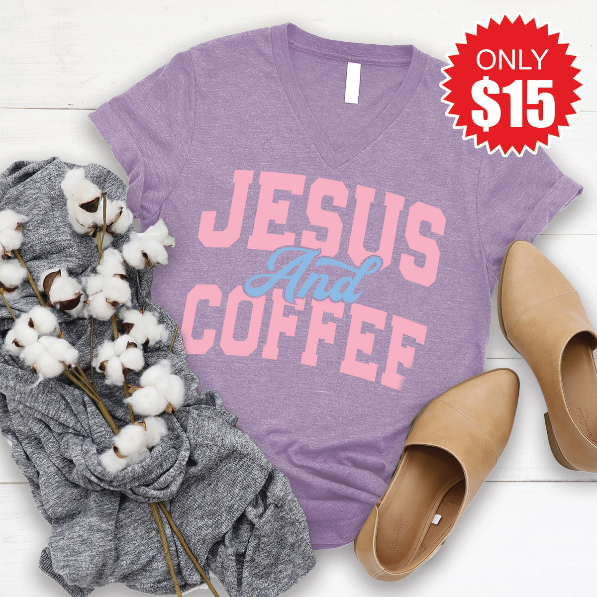 Jesus And Coffee V-Neck - Heather Deep Purple - 15