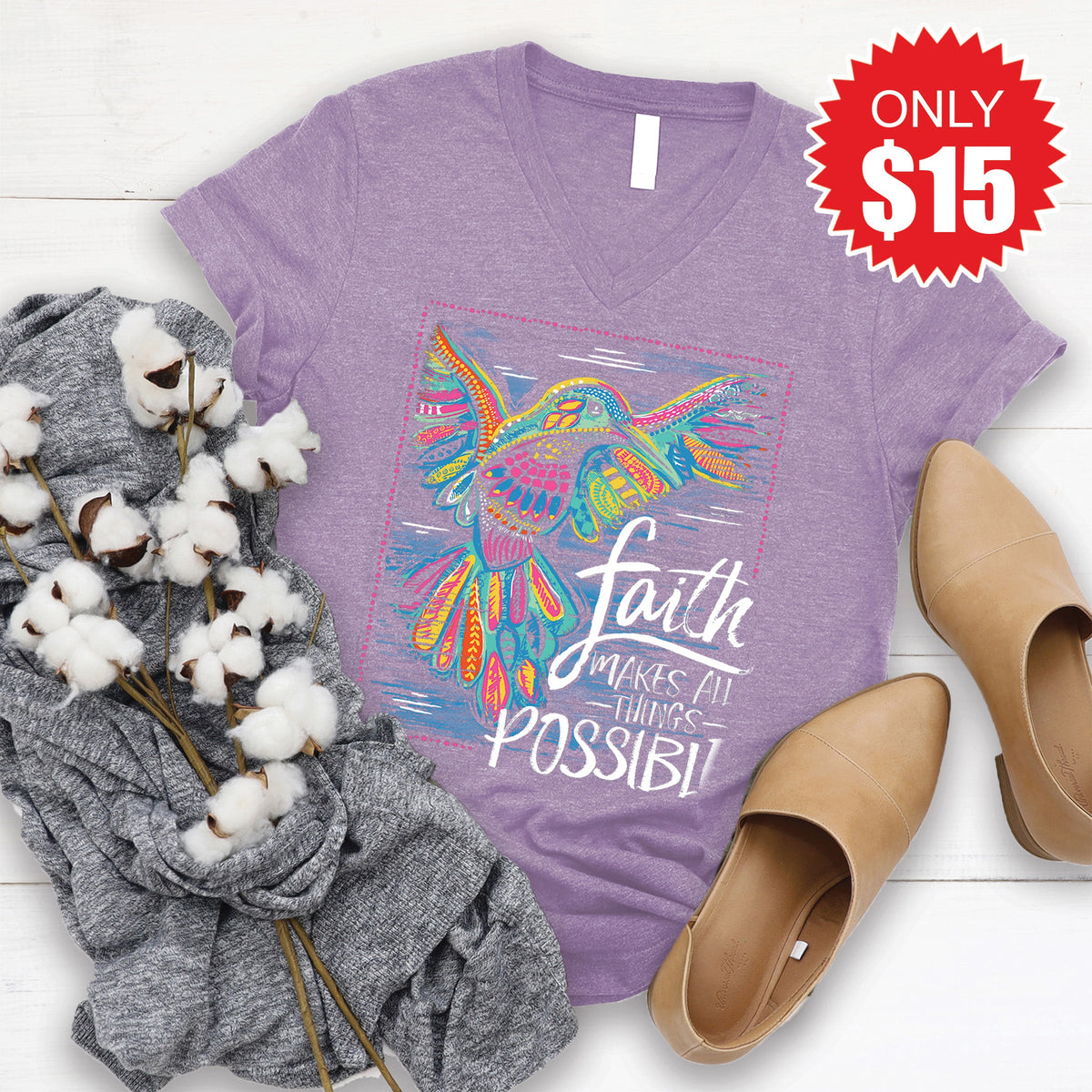 Faith Hummingbird V-Neck - Heather Deep Purple - 15
