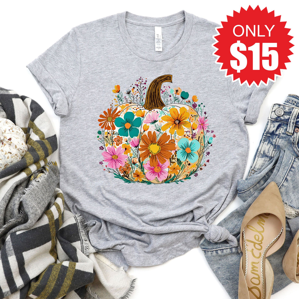 Pumpkin Boho Floral Tee - Heather Grey - 15 product image 1