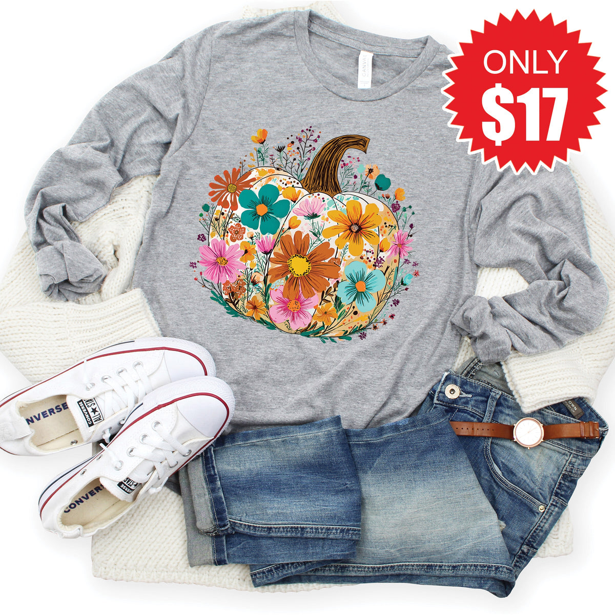 Pumpkin Boho Floral Long Sleeve - Heather Grey - 17 product image 1