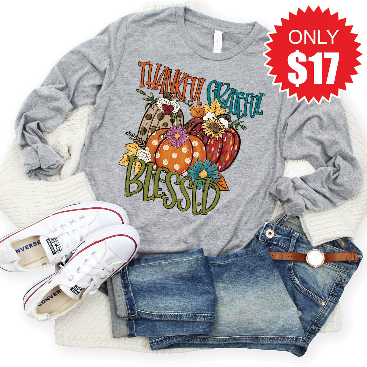 Thankful Grateful Blessed Fall Long Sleeve - Heather Grey product image 1