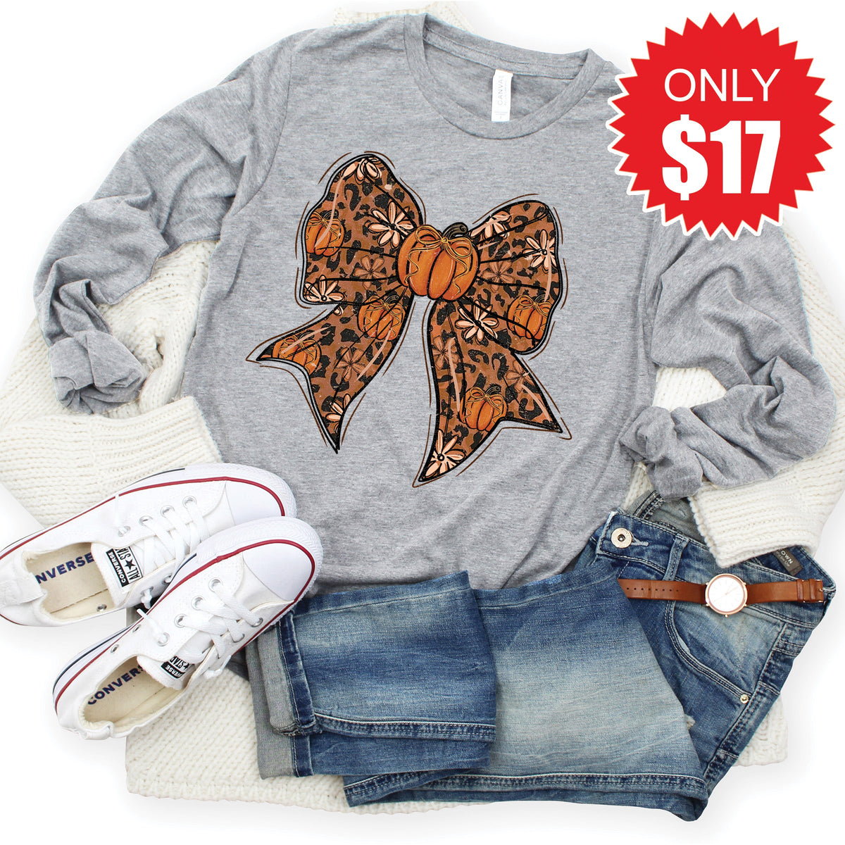 Pumpkin Bow Long Sleeve - Heather Grey - 17 product image 1
