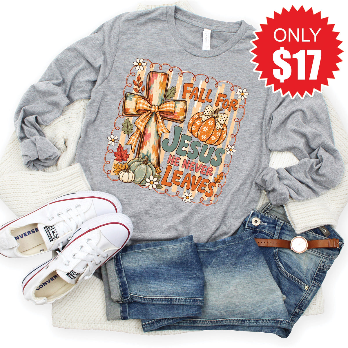Fall For Jesus Long Sleeve - Heather Grey - 17 product image 1
