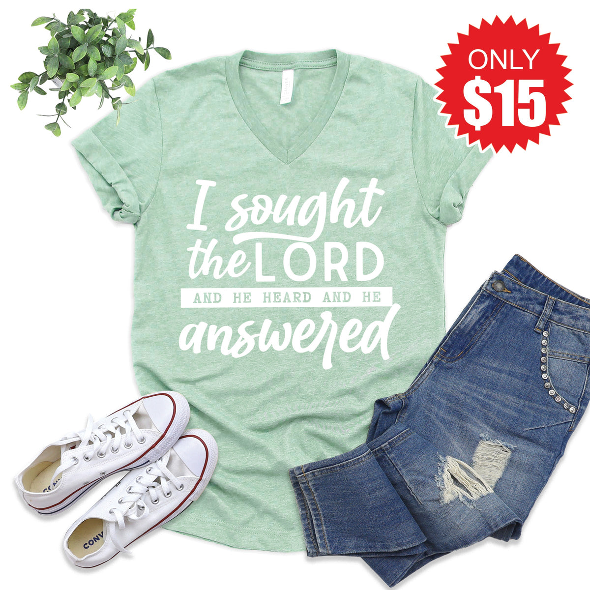 I Sought The Lord V-Neck - Heather Honeydew - 15