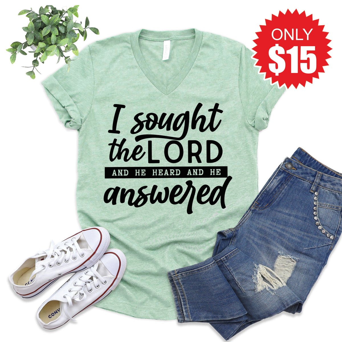 I Sought The Lord V-Neck - Heather Honeydew - 15