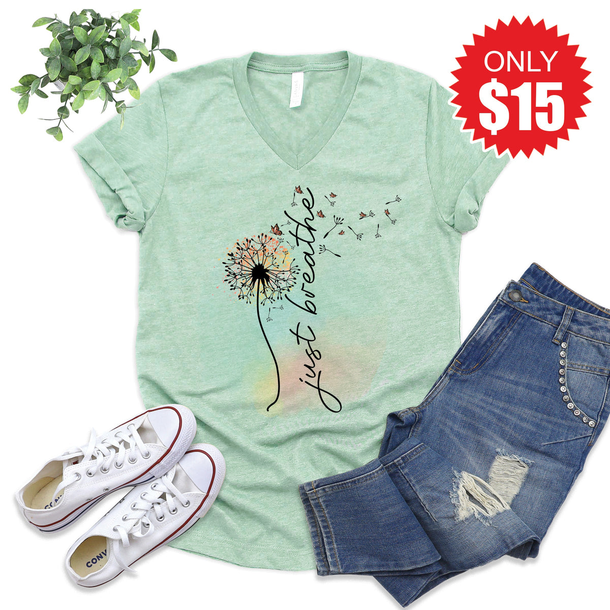 Just Breathe V-Neck - Heather Honeydew - 15