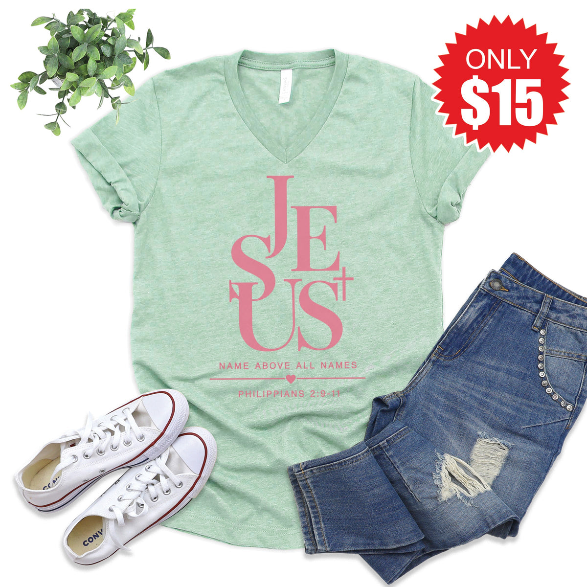 Jesus V-Neck - Heather Honeydew - 15