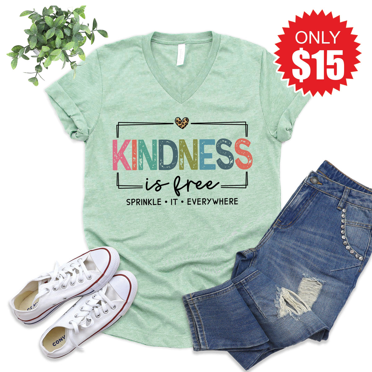 Kindness is Free V-Neck - Heather Honeydew - 15