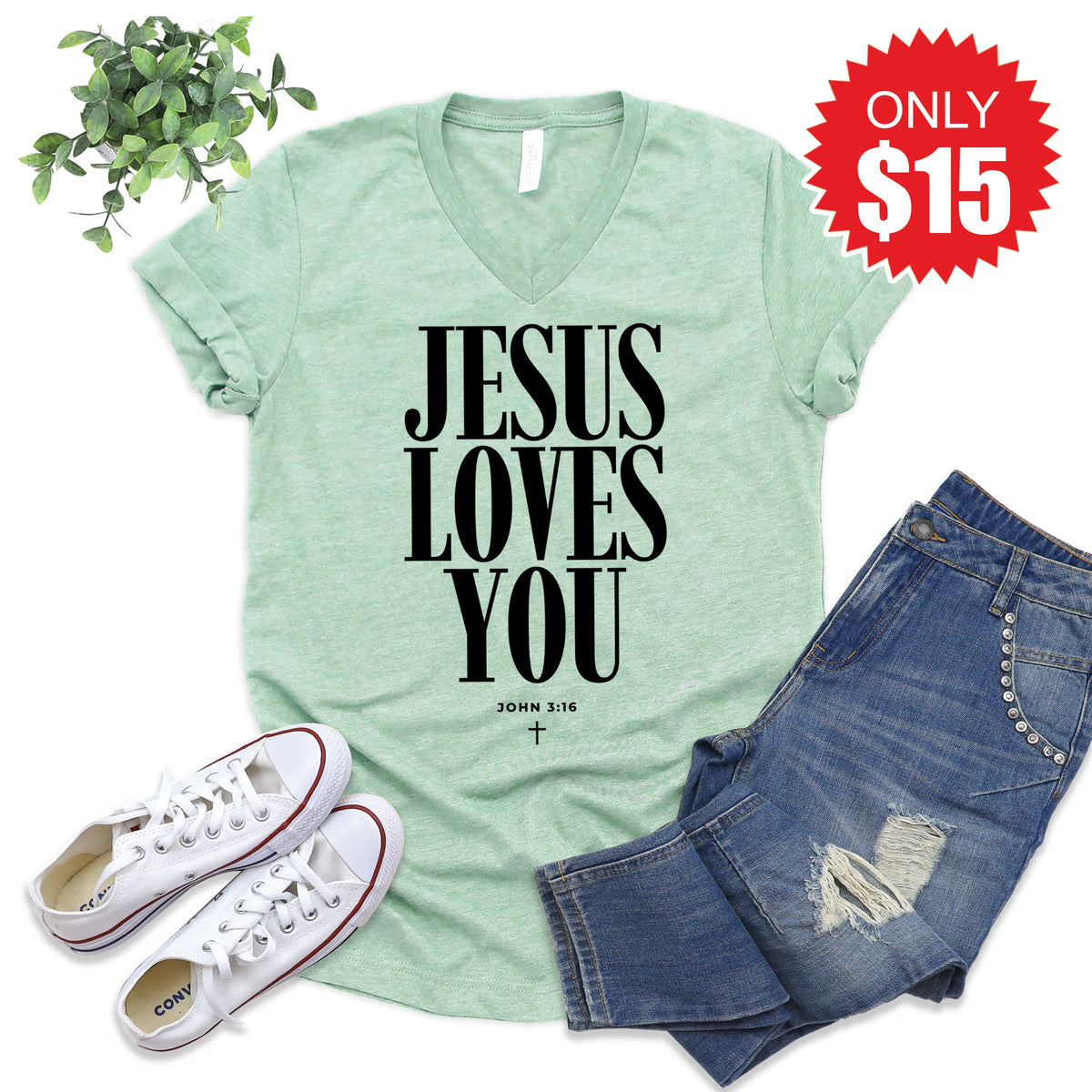 Jesus Loves You V-Neck - Heather Honeydew - 15