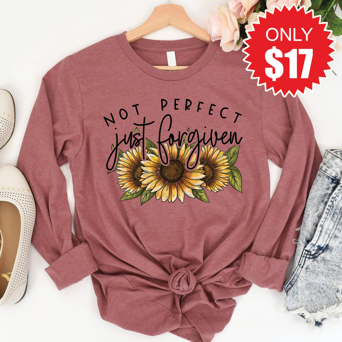 Not Perfect Just Forgiven Long Sleeve - Heather Mauve - 17 product image 1