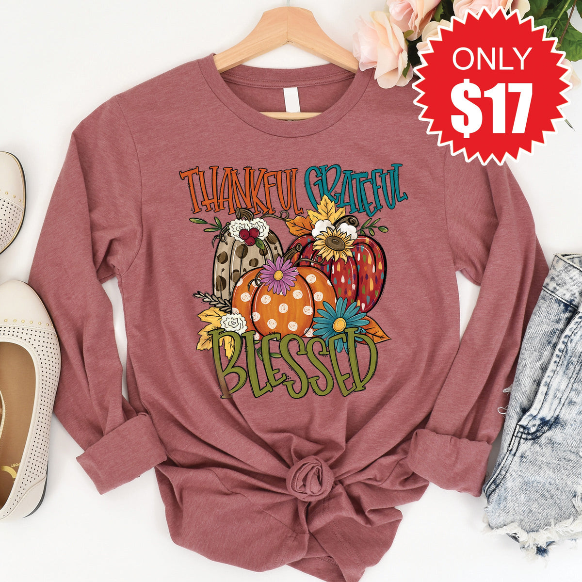 Thankful Grateful Blessed Fall Long Sleeve - Heather Mauve product image 1