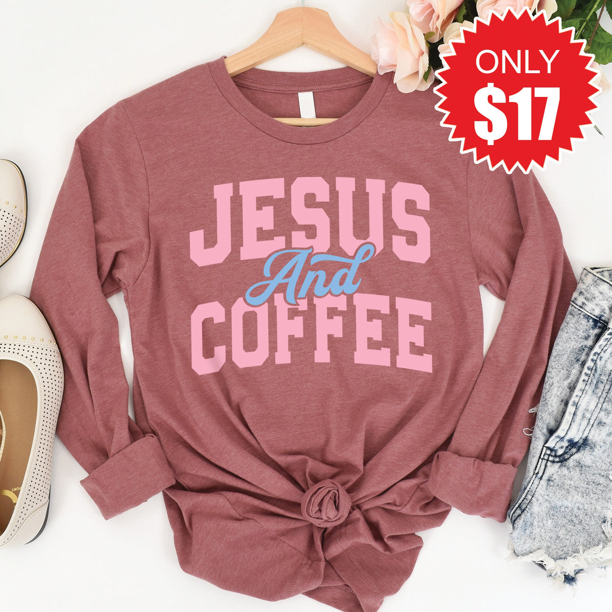 Jesus And Coffee Long Sleeve - Heather Mauve - 17 product image 1