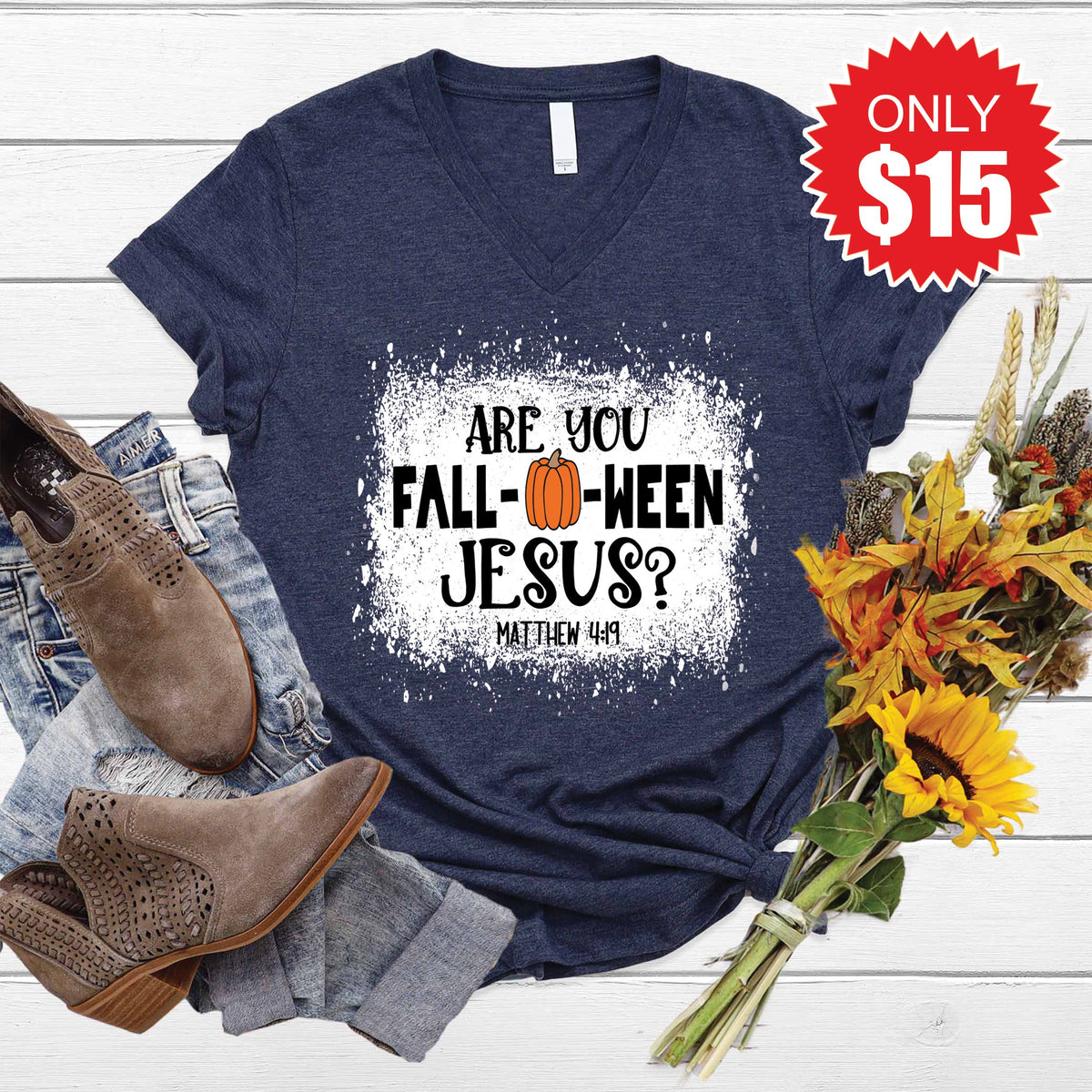 Are You Fall-O-Ween Jesus V-Neck - Heather Navy - 15