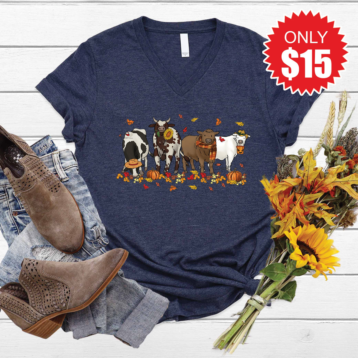 Cows Pumpkin V-Neck - Heather Navy - 15