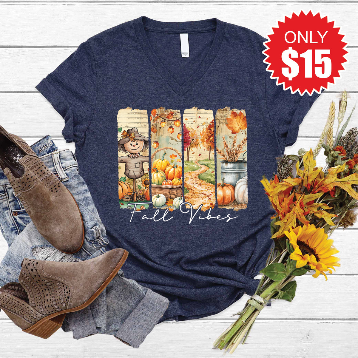 Fall Vibes V-Neck - Heather Navy - 15