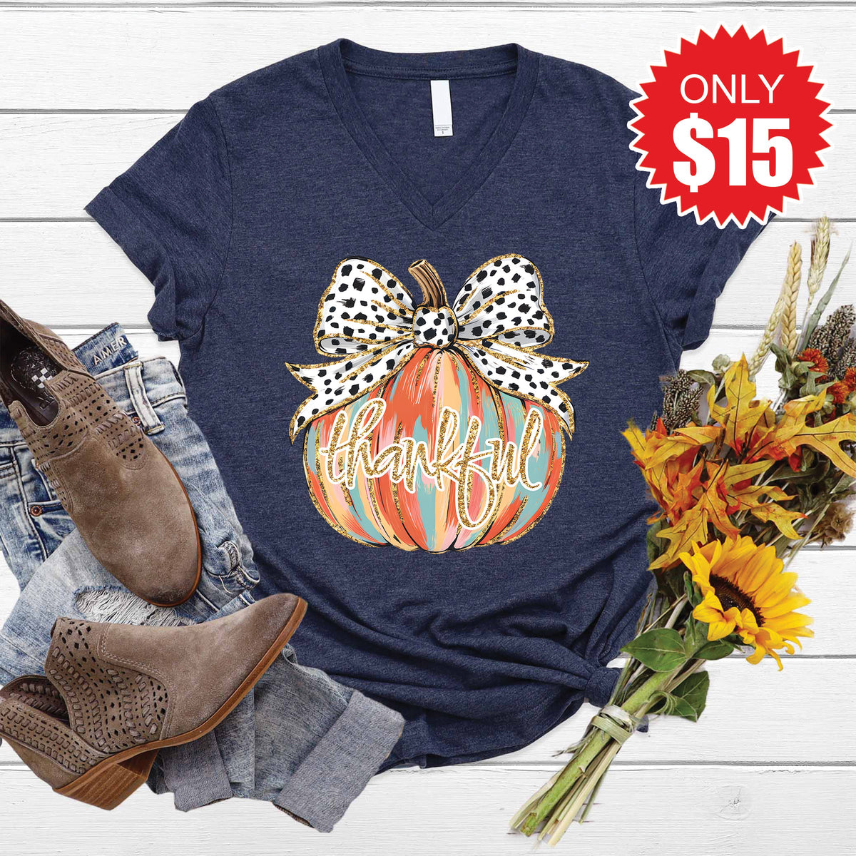 Thankful V-Neck - Heather Navy - 15