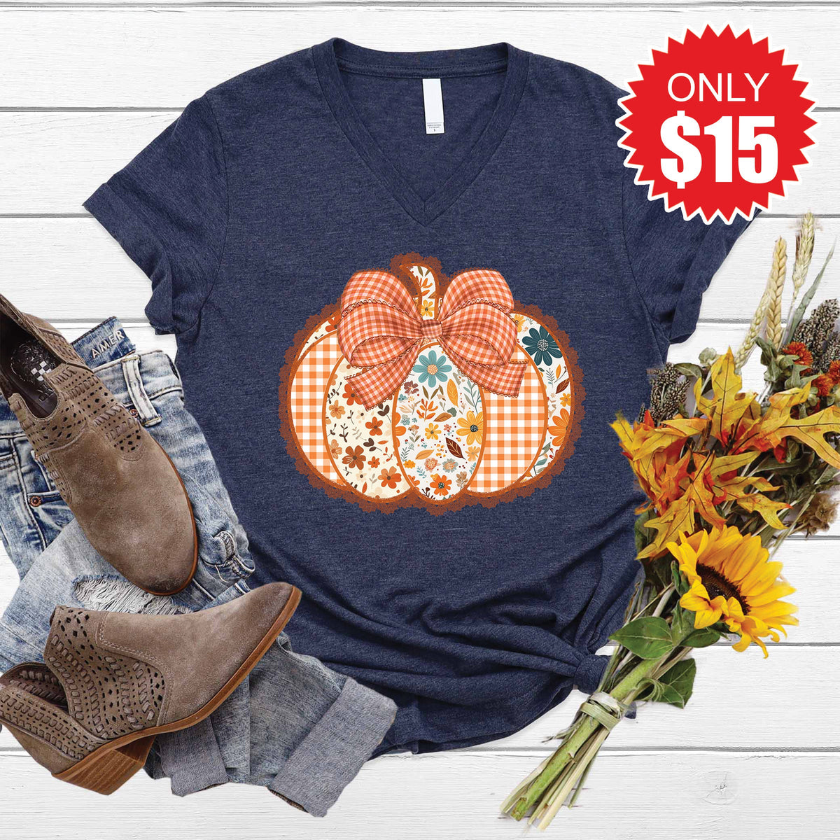 Pumpkin V-Neck - Heather Navy - 15