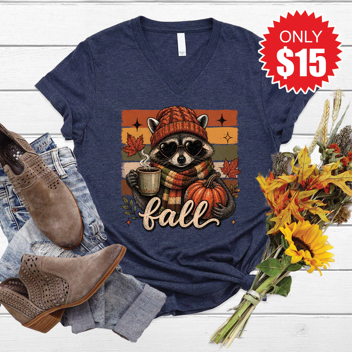 Fall Racoon V-Neck - Heather Navy - 15