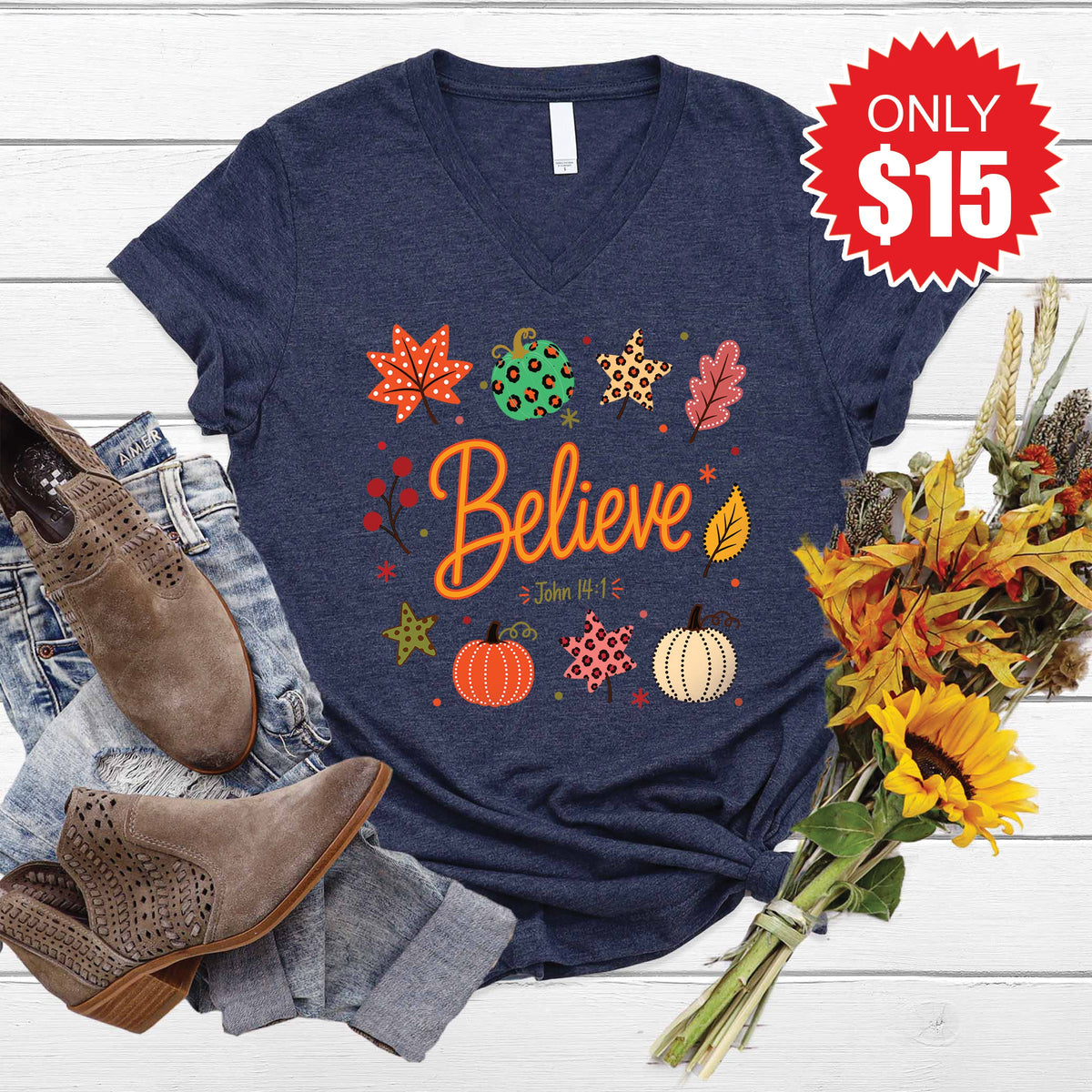Believe V-Neck - Heather Navy - 15