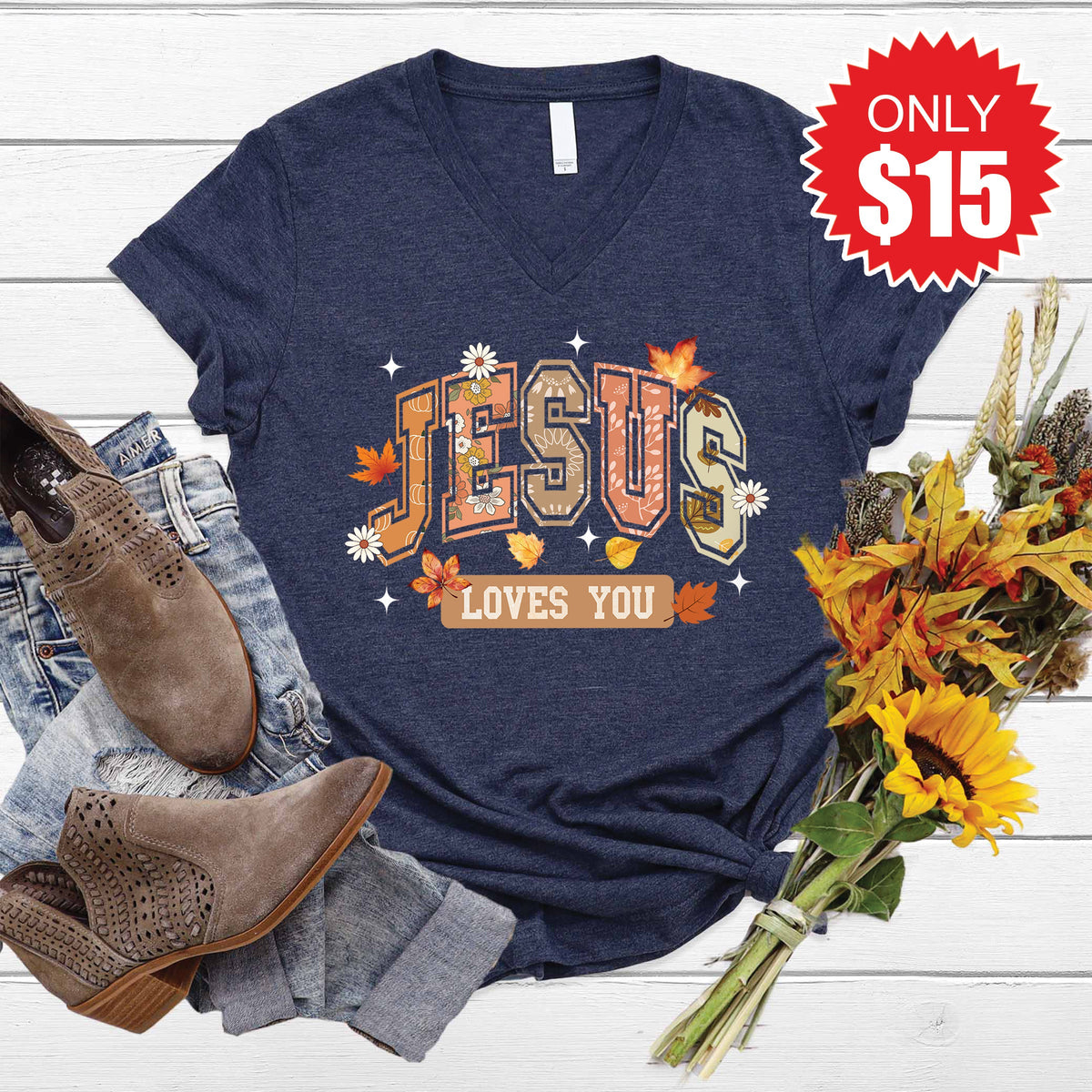 Jesus Loves You V-Neck - Heather Navy - 15