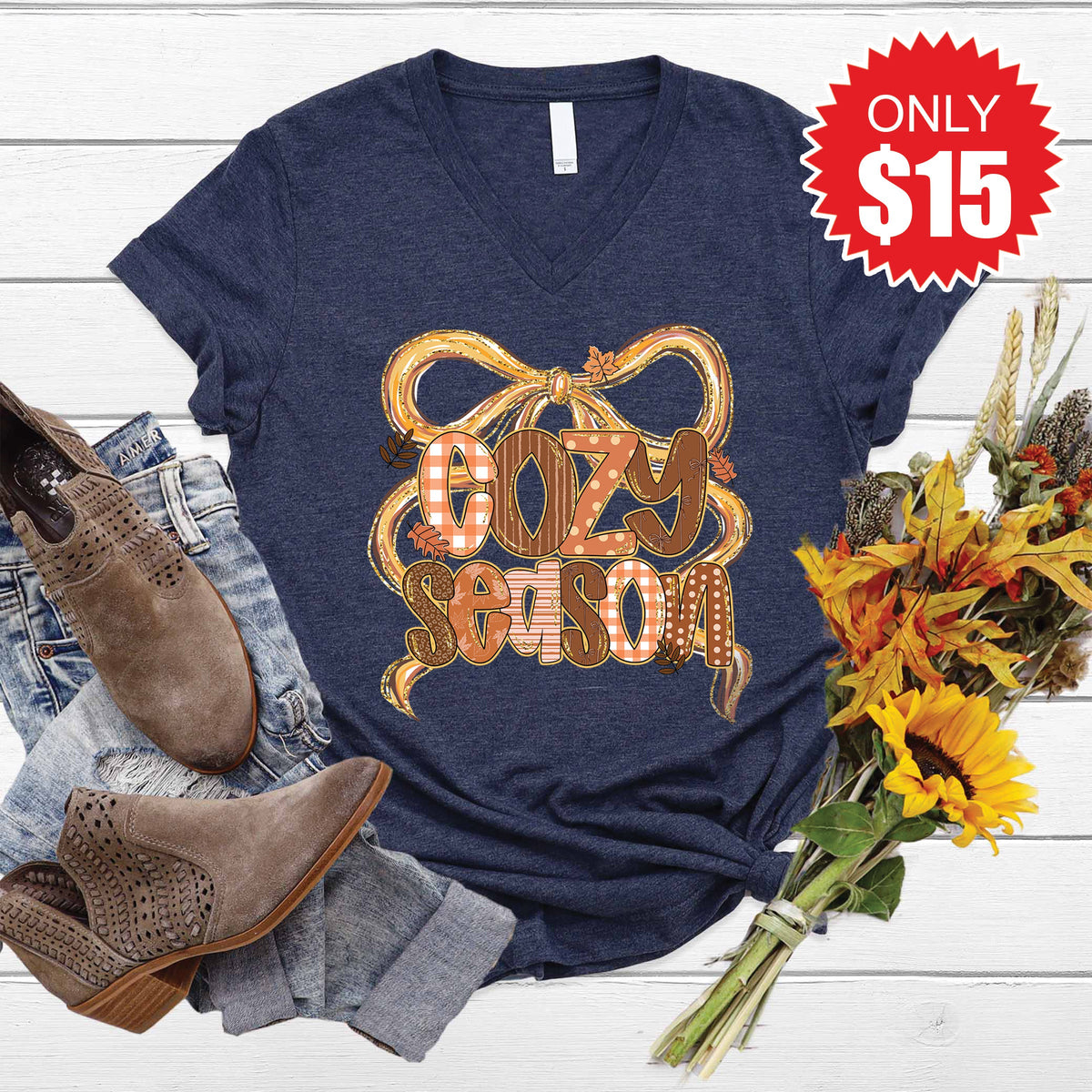 Cozy Season Bow V-Neck - Heather Navy - 15