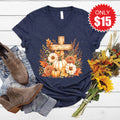 Cross And Pumpkins V-Neck - Heather Navy - 15