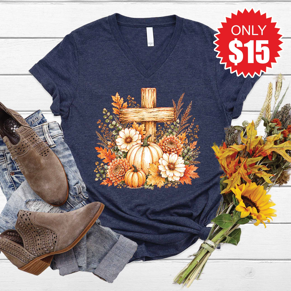 Cross And Pumpkins V-Neck - Heather Navy - 15