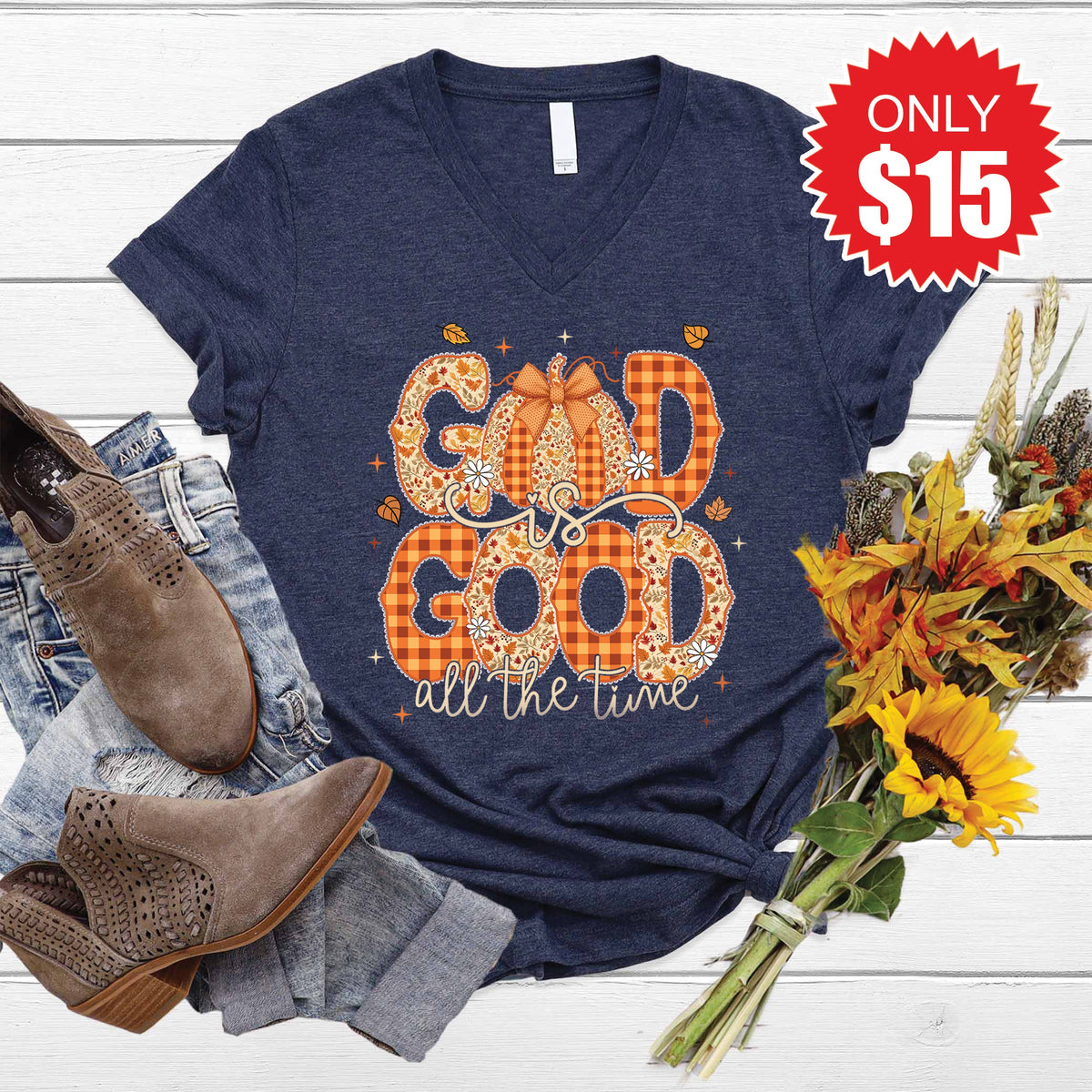 God is Good Fall V-Neck - Heather Navy - 15