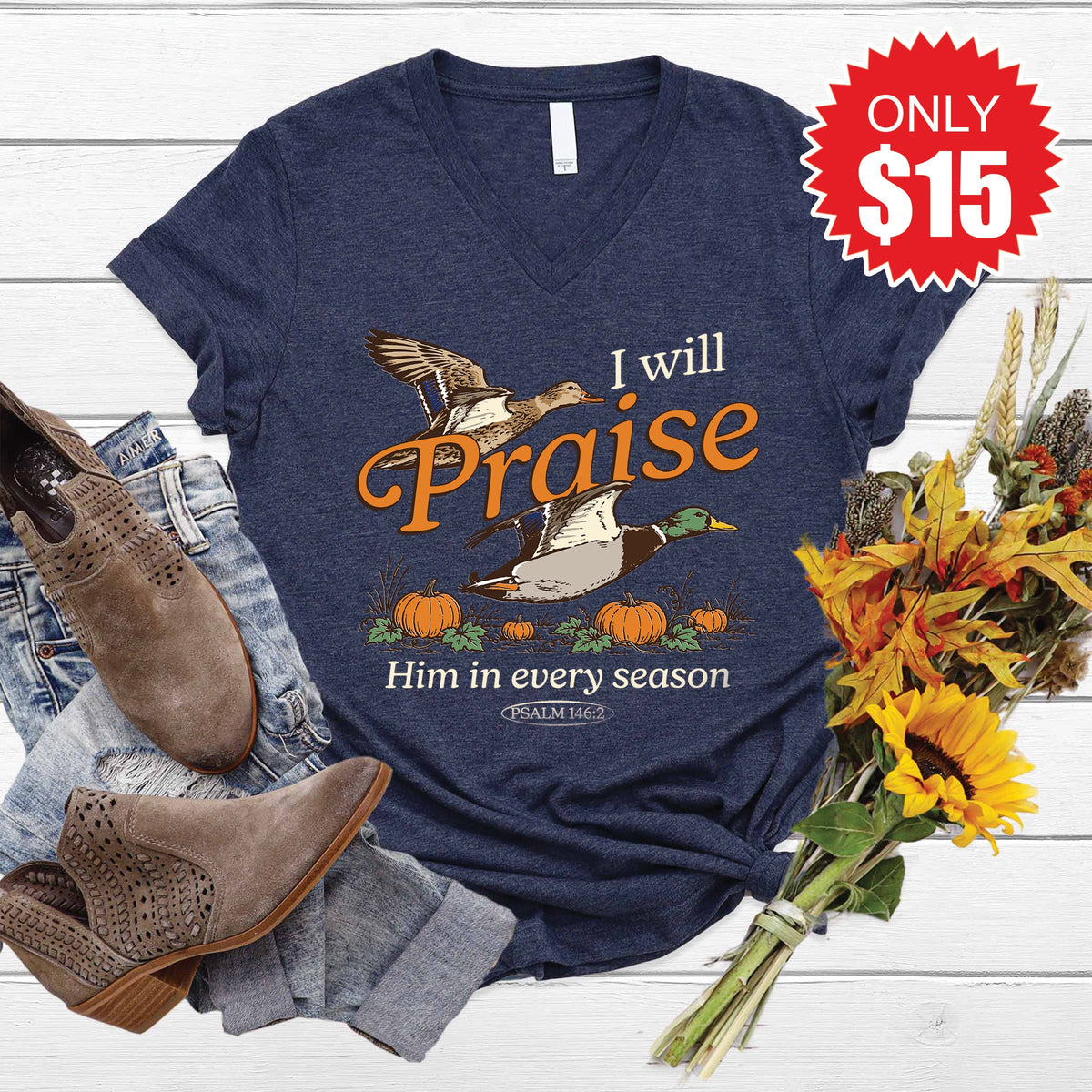I Will Praise Him V-Neck - Heather Navy - 15