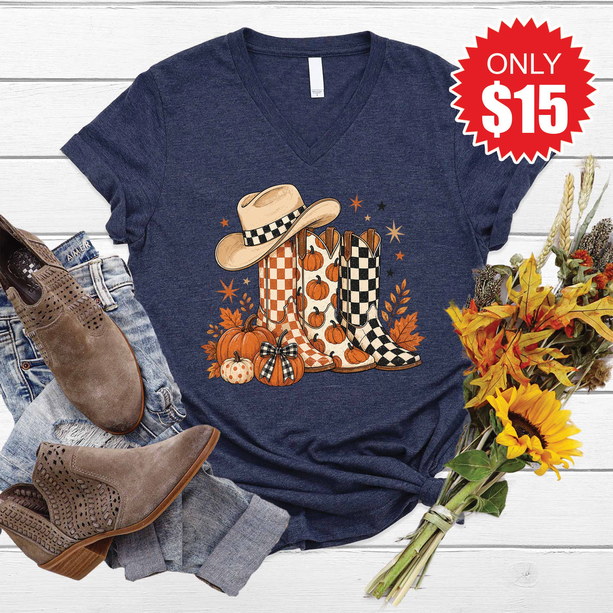 Fall Boots V-Neck - Heather Navy - 15