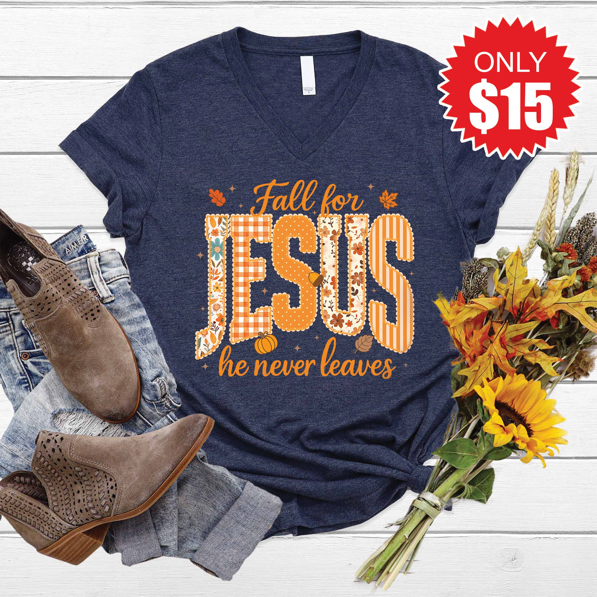 Fall For Jesus V-Neck - Heather Navy - 15