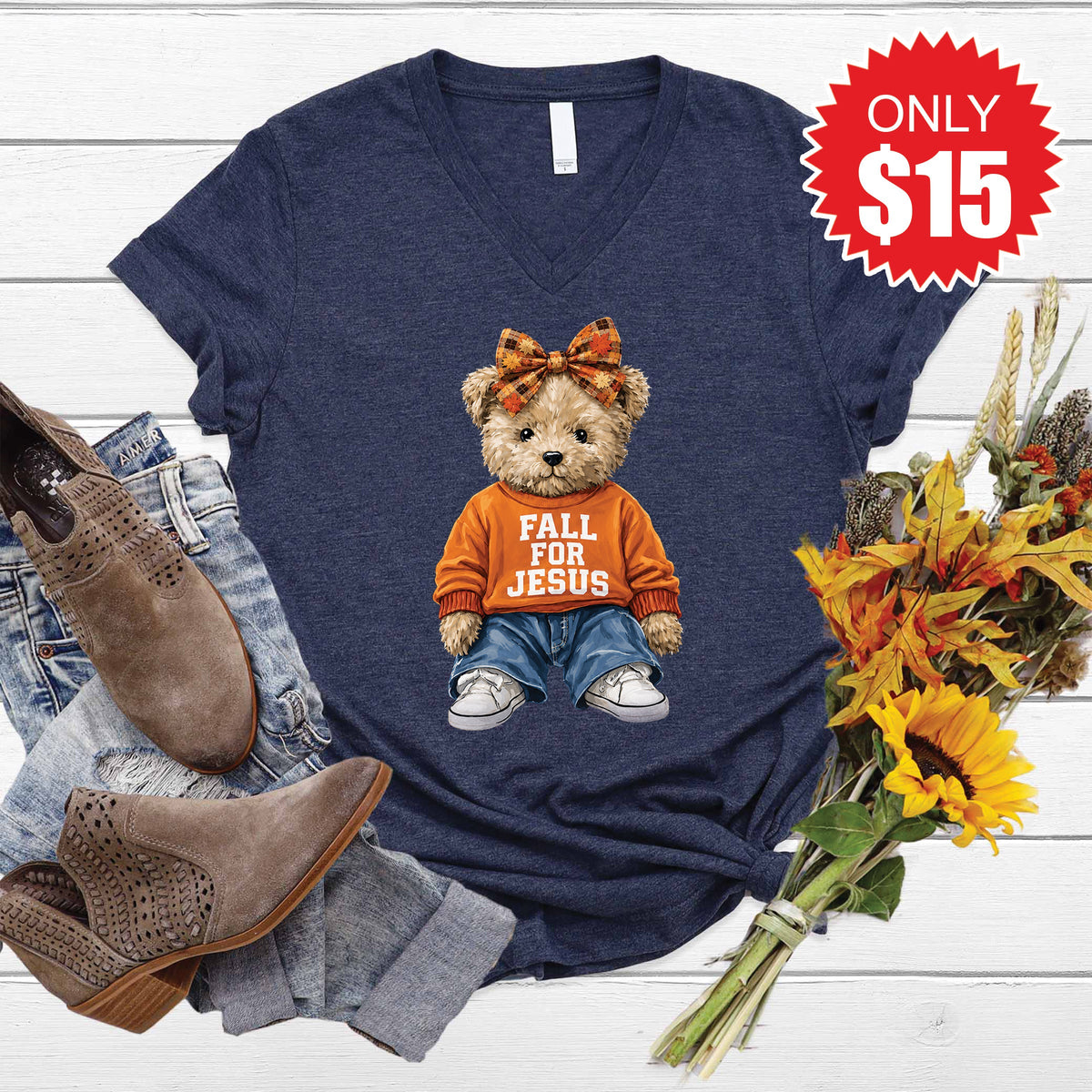 Fall For Jesus Teddy Bear V-Neck - Heather Navy - 15