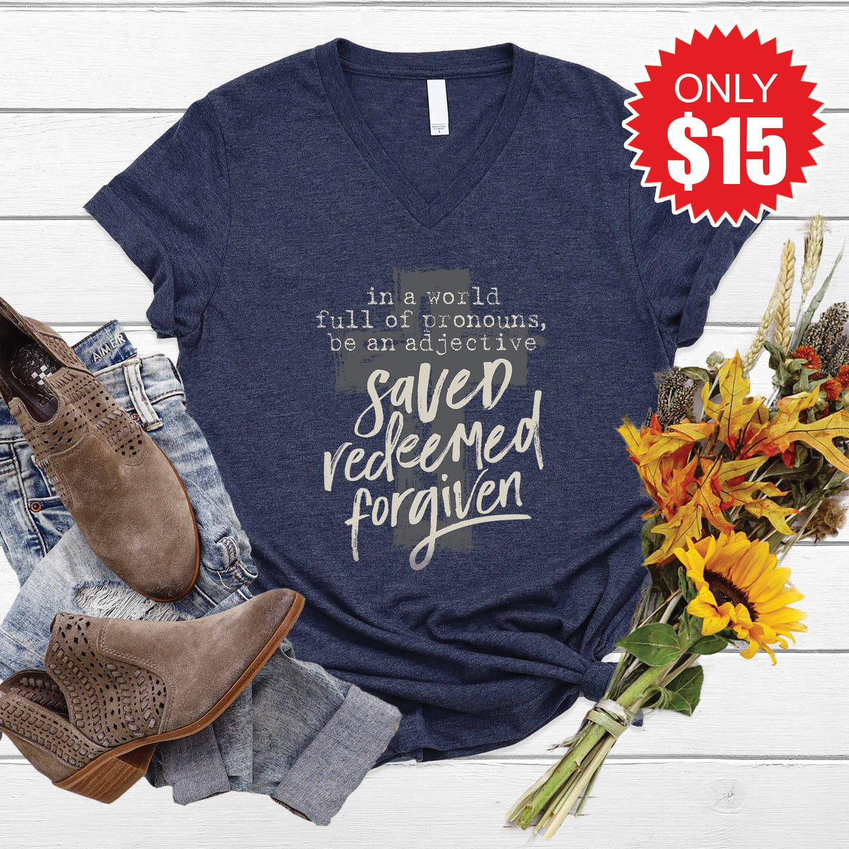 Saved Redeemed Forgiven V-Neck - Heather Navy - 15