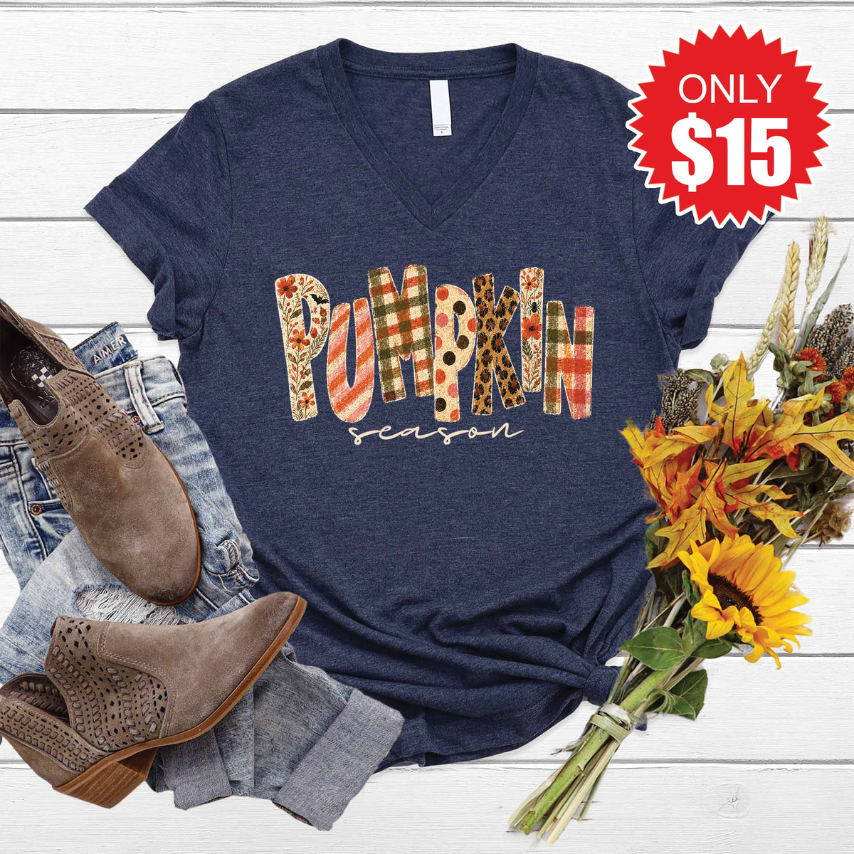 Pumpkin Season V-Neck - Heather Navy - 15
