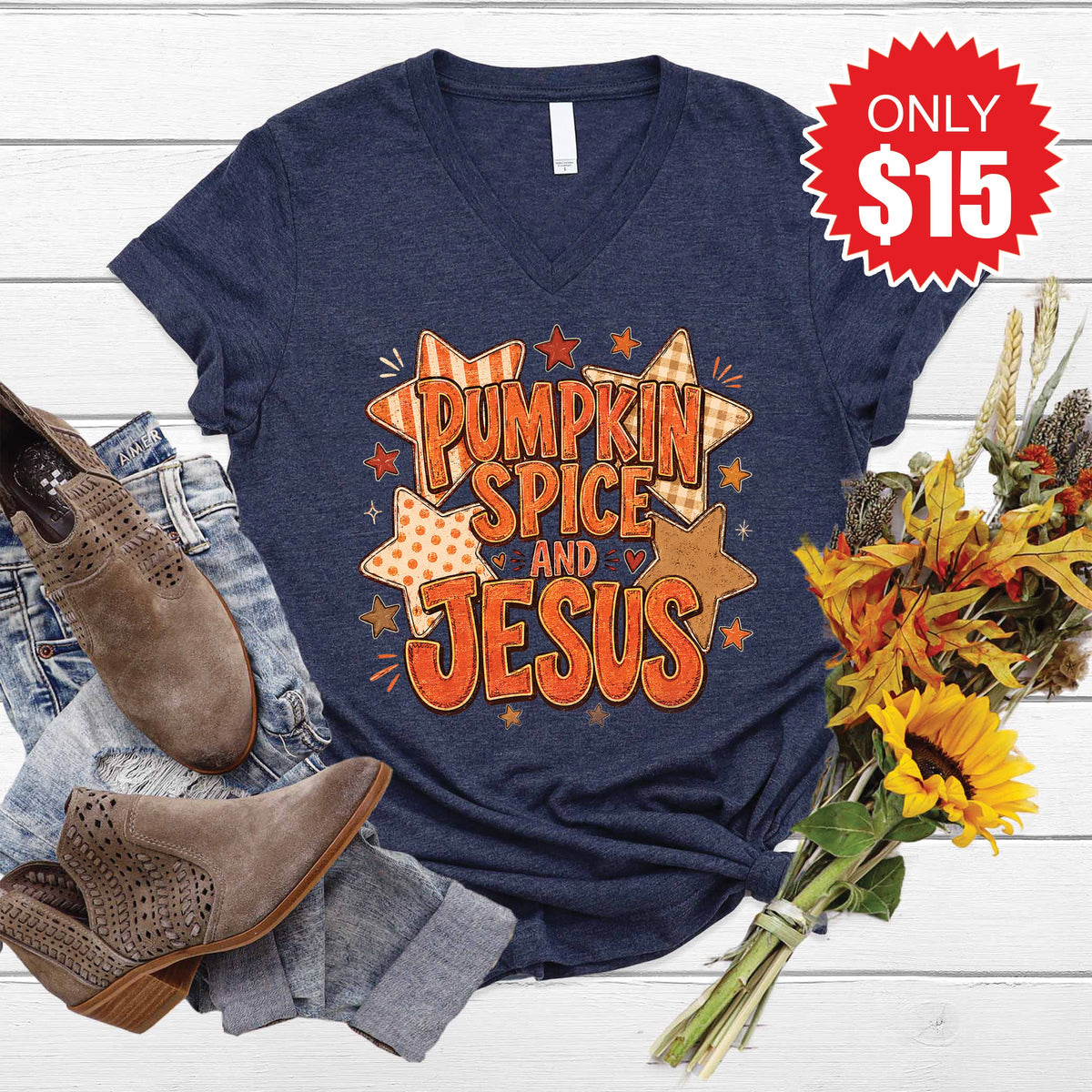 Pumpkin Spice and Jesus V-Neck - Heather Navy - 15